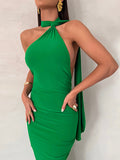 Momnfancy Green Backless Ruched Side Draped Halter Neck Elegant Bodycon Photoshoot Gown Baby Shower Maternity Maxi Dress