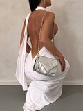 Momnfancy White Backless Ruched Side Draped Halter Neck Elegant Bodycon Photoshoot Gown Baby Shower Maternity Maxi Dress