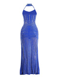 Momnfancy Mesh Off Shoulder Rhinestone Bodycon Mermaid Evening Gown Plus Size Baby Shower Maternity Maxi Dress