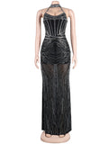 Momnfancy Mesh Off Shoulder Rhinestone Bodycon Mermaid Evening Gown Plus Size Baby Shower Maternity Maxi Dress
