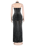 Momnfancy Mesh Off Shoulder Rhinestone Bodycon Mermaid Evening Gown Plus Size Baby Shower Maternity Maxi Dress
