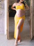 Momnfancy Yellow Off Shoulder Irregular Cascading Ruffle Crop 2-in-1 Photoshoot Maternity Maxi Dress