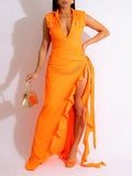 Momnfancy 2-in-1 Ruffle High Side Slit Bottons V-neck Photoshoot Baby Shower Maternity Maxi Dress