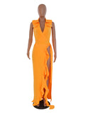 Momnfancy 2-in-1 Ruffle High Side Slit Bottons V-neck Photoshoot Baby Shower Maternity Maxi Dress