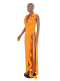 Momnfancy 2-in-1 Ruffle High Side Slit Bottons V-neck Photoshoot Baby Shower Maternity Maxi Dress