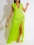 Momnfancy 2-in-1 Ruffle High Side Slit Bottons V-neck Photoshoot Baby Shower Maternity Maxi Dress