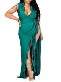 Momnfancy 2-in-1 Ruffle High Side Slit Bottons V-neck Photoshoot Baby Shower Maternity Maxi Dress