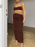 Momnfancy Crop Spaghetti Strap Bodycon 2-in-1 Ruched Lace Up Backless Halter Neck Fashion Baby Shower Photoshoot Maternity Maxi Dress