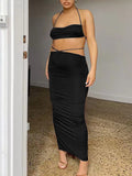 Momnfancy Crop Spaghetti Strap Bodycon 2-in-1 Ruched Lace Up Backless Halter Neck Fashion Baby Shower Photoshoot Maternity Maxi Dress