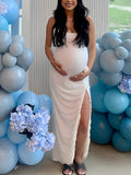 Momnfancy White Flowers Side Slit Ruched Spaghetti Strap U-neck Chic Bodycon Baby Shower Maternity Maxi Dress