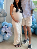 Momnfancy White Flowers Side Slit Ruched Spaghetti Strap U-neck Chic Bodycon Baby Shower Maternity Maxi Dress