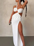 Momnfancy Chic Irregular CutOut One Shoulder Thigh High Side Slits Party Photoshoot Maternity Maxi Dress