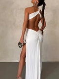 Momnfancy Chic Irregular CutOut One Shoulder Thigh High Side Slits Party Photoshoot Maternity Maxi Dress