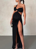 Momnfancy Chic Irregular CutOut One Shoulder Thigh High Side Slits Party Photoshoot Maternity Maxi Dress