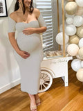 Momnfancy Chic Elegant Beige Bodycon Striped Boat Neck Party Babyshower Maternity Maxi Dress