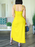 Momnfancy Belly Friendly Spaghetti Strap Drawstring V-Neck Side Slit Babyshower Maternity Maxi Dress