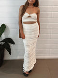 Momnfancy White Two Piece Cut Out Cross Chest Crop Crochet Bandeau Elegant Baby Shower Maternity Maxi Dress