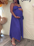 Momnfancy Dark Blue Pleated Spaghetti Straps Irregular Big Swing V-neck Elegant Baby Shower Maternity Maxi Dress