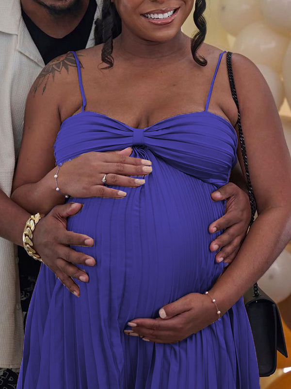 Momnfancy Dark Blue Pleated Spaghetti Straps Irregular Big Swing V-neck Elegant Baby Shower Maternity Maxi Dress