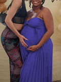 Momnfancy Dark Blue Pleated Spaghetti Straps Irregular Big Swing V-neck Elegant Baby Shower Maternity Maxi Dress