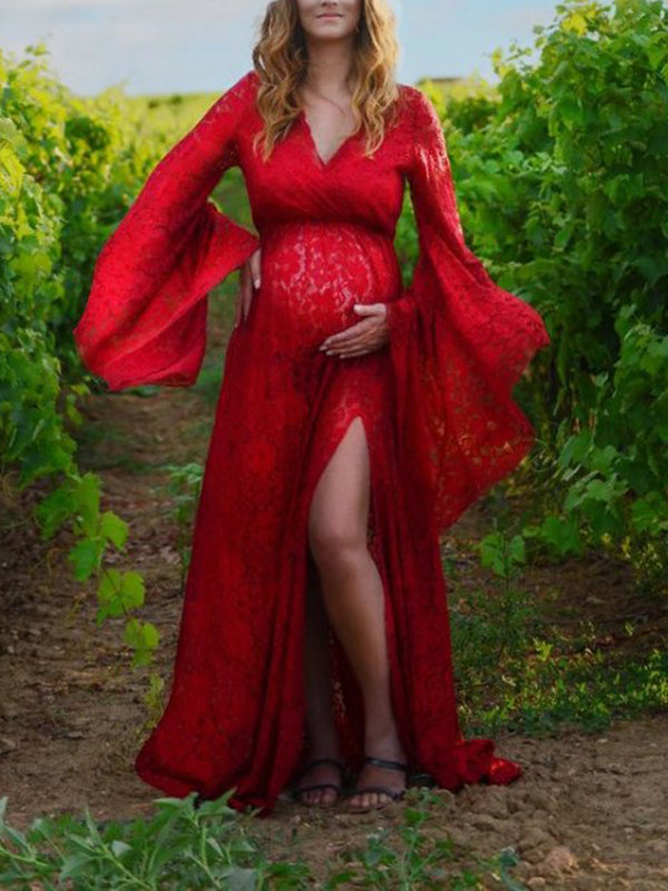 Momnfancy Wine Red Lace Side Slit Elegant Long Sleeve Maternity Photoshoot Maxi Dress