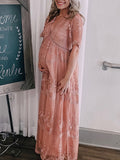 Momnfancy Pink Lace Wavy Edge Flowers Elegant Babyshower Maternity Photoshoot Maxi Dress