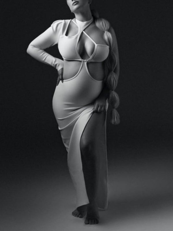Momnfancy White Side Slit Cross Chest Oblique Shoulder Cutout Elegant Modern Maternity Photoshoot Maxi Dress