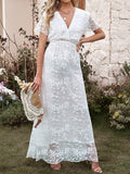 Momnfancy White Lace Wavy Edge Flowers Elegant Babyshower Maternity Photoshoot Maxi Dress