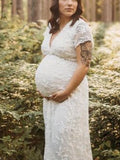 Momnfancy White Lace Wavy Edge Flowers Elegant Babyshower Maternity Photoshoot Maxi Dress