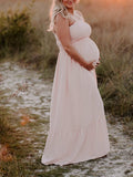 Momnfancy Pink Spaghetti Strap Splicing Falbala Bandeau Elegant Babyshower Maternity Photoshoot Maxi Dress