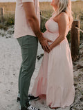 Momnfancy Pink Spaghetti Strap Splicing Falbala Bandeau Elegant Babyshower Maternity Photoshoot Maxi Dress