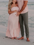 Momnfancy Pink Spaghetti Strap Splicing Falbala Bandeau Elegant Babyshower Maternity Photoshoot Maxi Dress