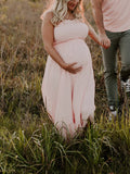Momnfancy Pink Spaghetti Strap Splicing Falbala Bandeau Elegant Babyshower Maternity Photoshoot Maxi Dress
