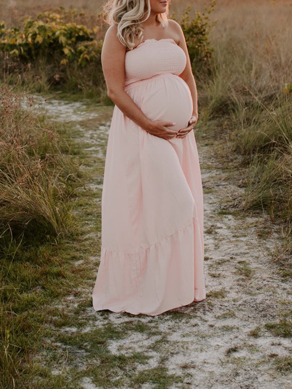 Momnfancy Pink Spaghetti Strap Splicing Falbala Bandeau Elegant Babyshower Maternity Photoshoot Maxi Dress