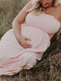 Momnfancy Pink Spaghetti Strap Splicing Falbala Bandeau Elegant Babyshower Maternity Photoshoot Maxi Dress