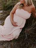 Momnfancy Pink Spaghetti Strap Splicing Falbala Bandeau Elegant Babyshower Maternity Photoshoot Maxi Dress
