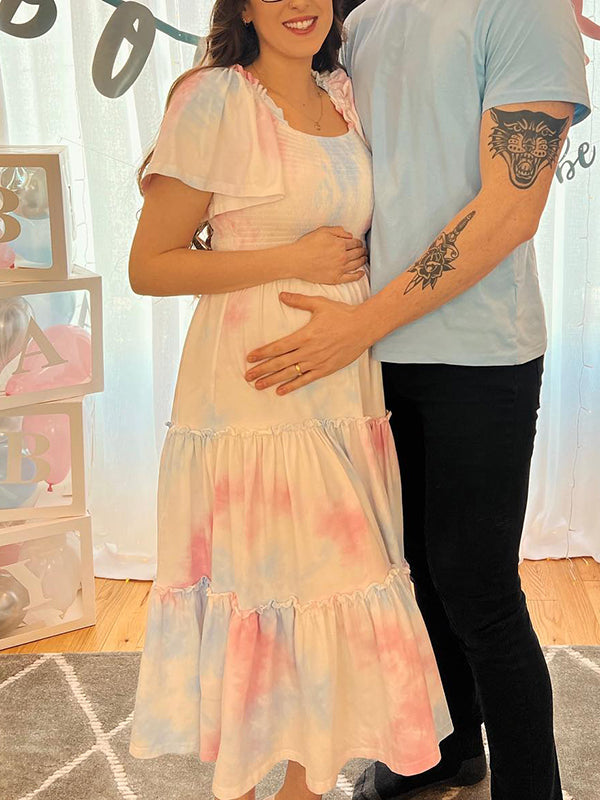 Momnfancy Pink Blue Gradient Color Tie Dye Patchwork Falbala Babyshower Cute Maxi Maternity Gender Reveal Dress