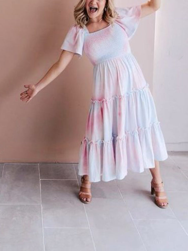 Momnfancy Pink Blue Gradient Color Tie Dye Patchwork Falbala Babyshower Cute Maxi Maternity Gender Reveal Dress