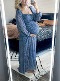 Momnfancy Blue Side Slit Floral Open Back Babyshower Daily Elegant Maxi Maternity Flowers Dress