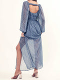 Momnfancy Blue Side Slit Floral Open Back Babyshower Daily Elegant Maxi Maternity Flowers Dress