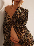 Momnfancy Brown Cheetah Chiffon Transparent Flowy Leopard Photoshoot Beach Maternity Maxi Dress