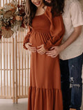 Momnfancy Coffee Falbala Patchwork Flowy Ruched Ruffle Photoshoot Babyshower Maternity Maxi Dress