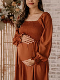 Momnfancy Coffee Falbala Patchwork Flowy Ruched Ruffle Photoshoot Babyshower Maternity Maxi Dress