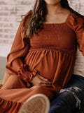 Momnfancy Coffee Falbala Patchwork Flowy Ruched Ruffle Photoshoot Babyshower Maternity Maxi Dress