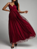 Momnfancy Wine Red Grenadine Spaghetti Strap Backless Flowy Tulle Mesh Event Party Maternity Maxi Dress