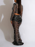 Momnfancy Black Rhinestones Sparkly Mesh Transparent 2-in-1 Photoshoot Party Maternity Maxi Dress