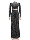 Momnfancy Black Rhinestones Sparkly Mesh Transparent 2-in-1 Photoshoot Party Maternity Maxi Dress