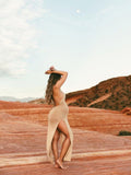 Momnfancy Beige Slits On Both Sides Backless Tie Back Transparent Beach Cover-Ups Maternity Maxi Photoshoot Dress