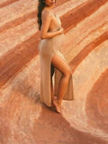 Momnfancy Beige Slits On Both Sides Backless Tie Back Transparent Beach Cover-Ups Maternity Maxi Photoshoot Dress