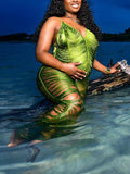 Momnfancy Green Tassel Cutout Transparent Photoshoot Baeach Cover-Ups Maternity Maxi Dress